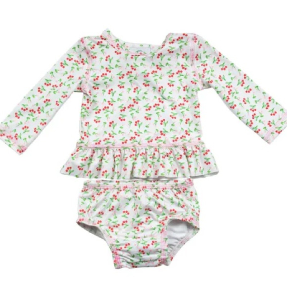 Girls Cherry Long Sleeve Two Piece Rashguard Swimsuit (3T)